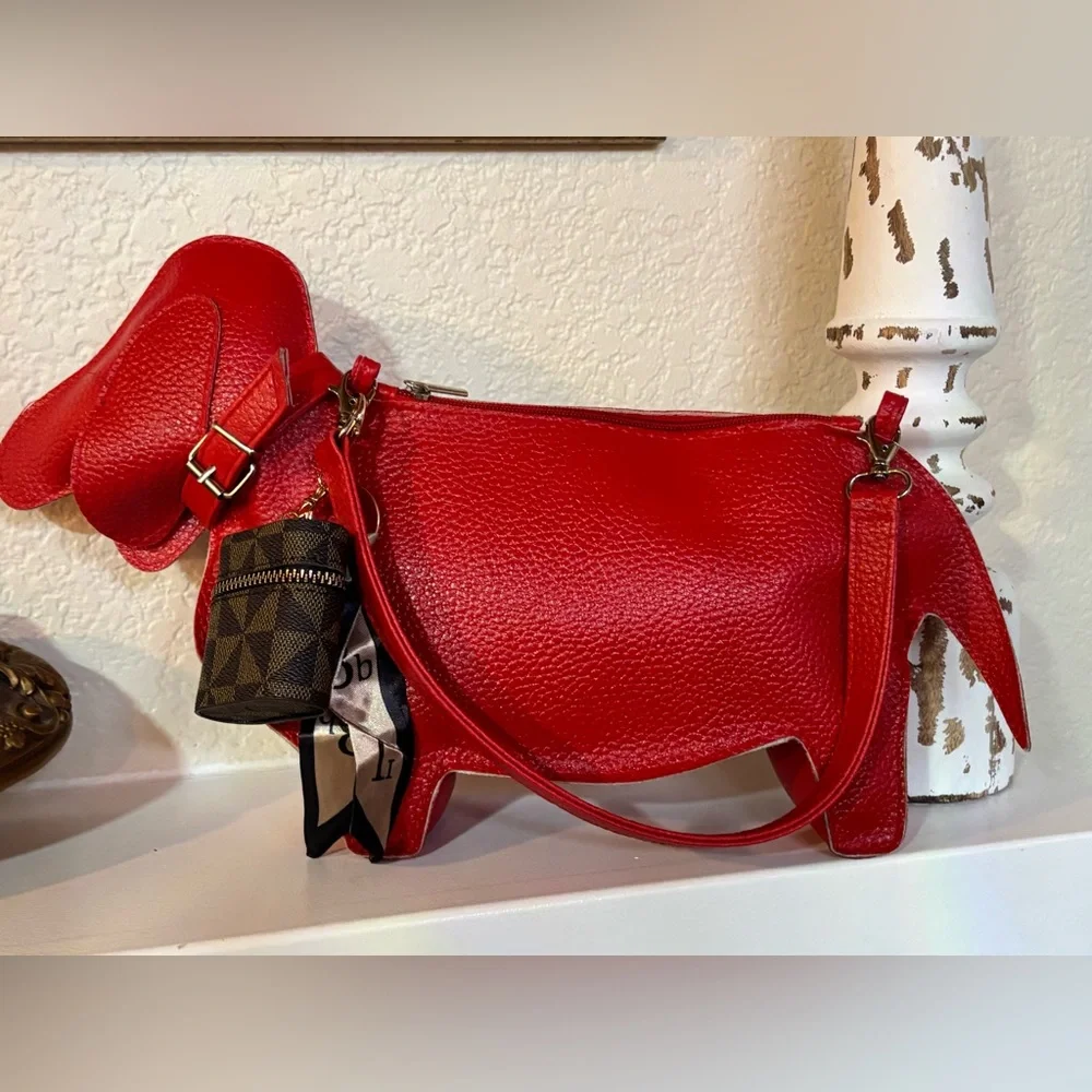 ONLY ONE: Playful Red Dog-Shaped Purse/Bag and Bag Charm/Keychain Made in Italy - Picture 1 of 16